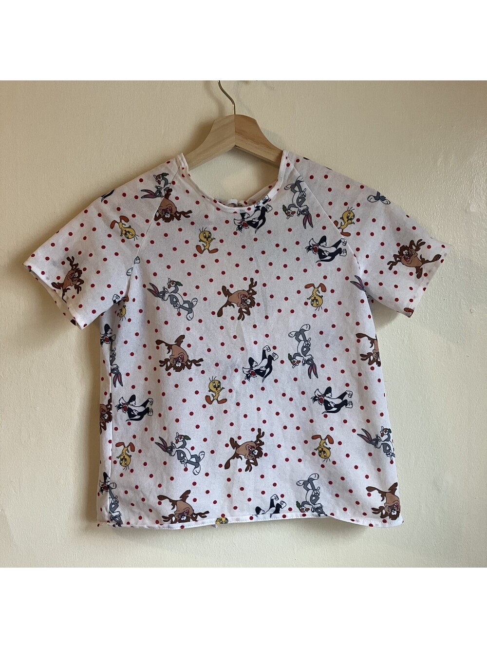 Vintage Girls Looney Toons Polka Dot Tie Back Pajama Top Bugs Tweety XSmall